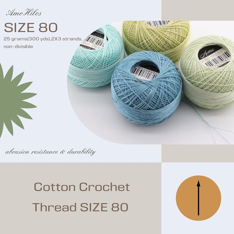 AMOHilos Size 80 (Thinner Than 0.3mm) Cotton Crochet Threads Singed Mercerized Egyptian Long Fiber Cotton Thread for Tatting, Lace, Dollies and Dolls Toys DIY Projects, 5 Balls Set (Set A) - Image 3